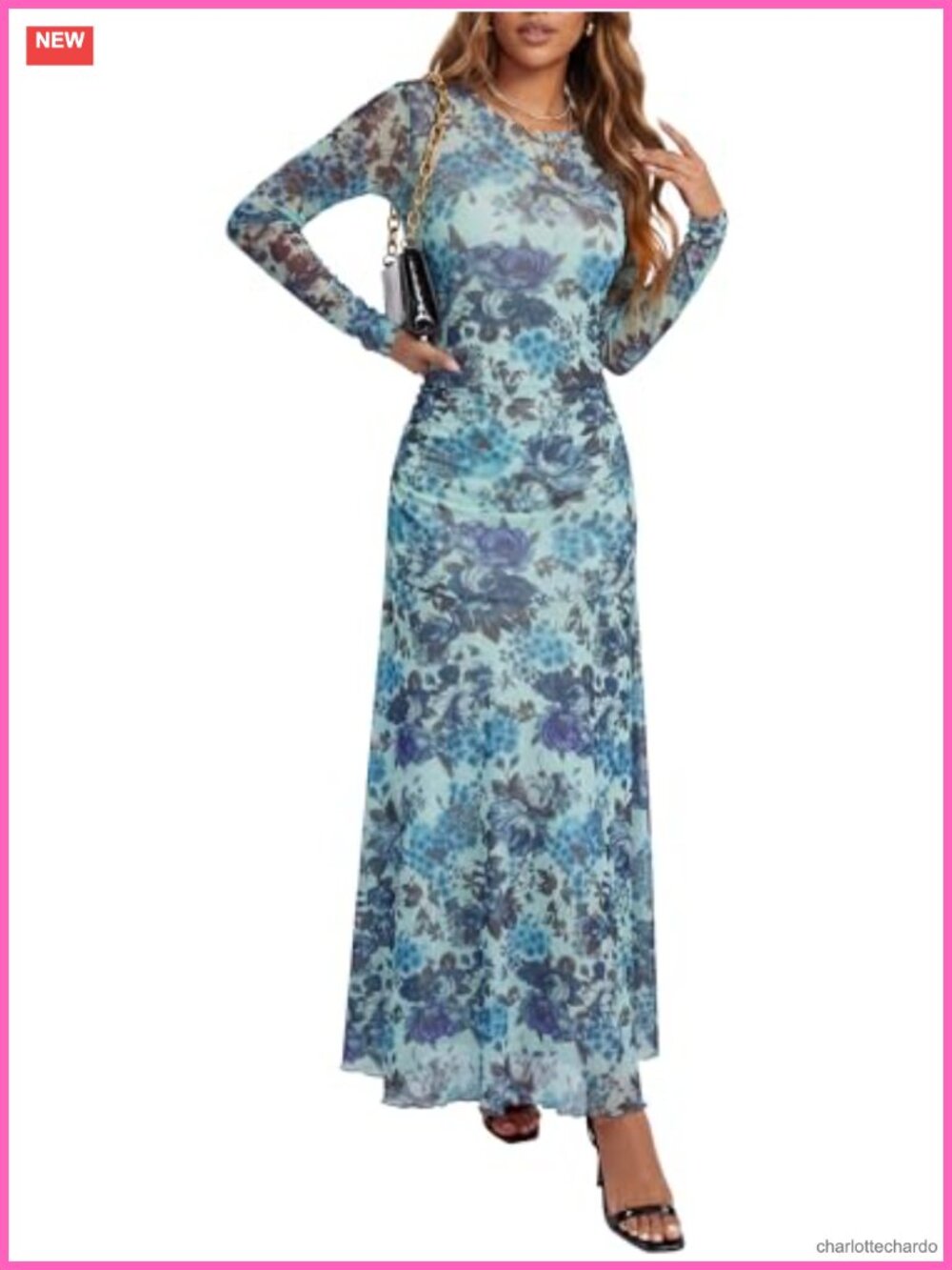 Women's Floral Maxi Dress Bodycon Long Sleeve with Ruched Details